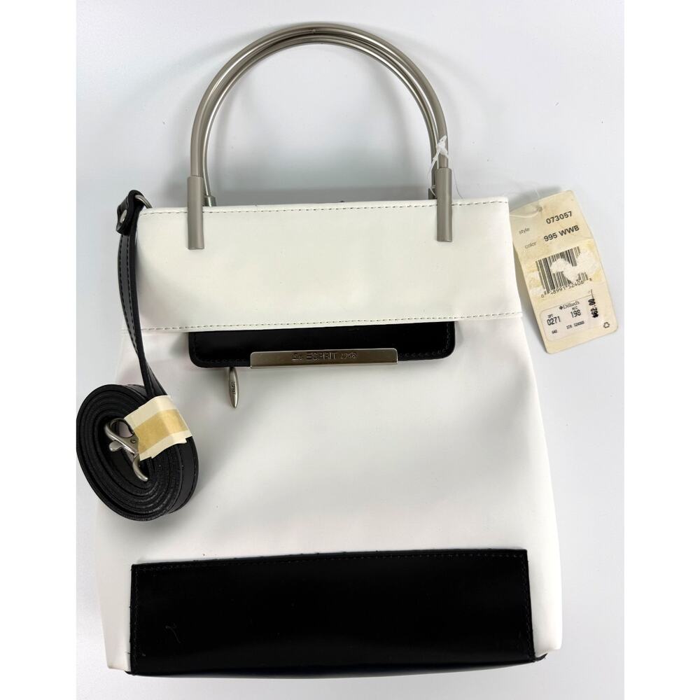 Vintage Esprit White Black Handbag Purse Satin Nickel Handles NOS w/ Strap